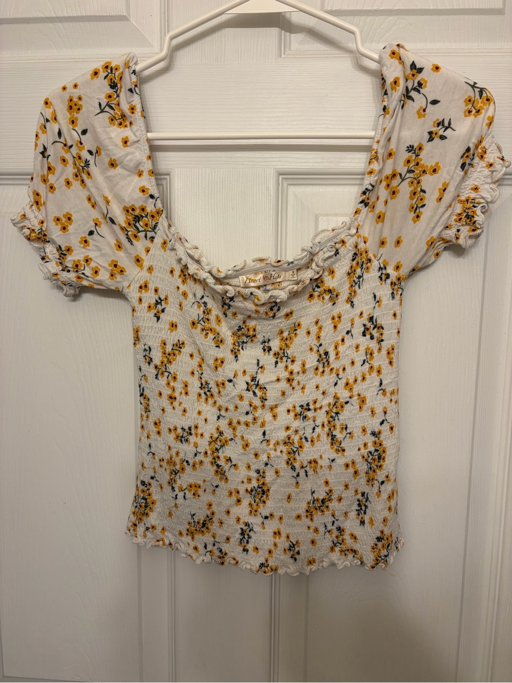 Heart & Hips White Smocked Crop Top with Yellow Floral Print